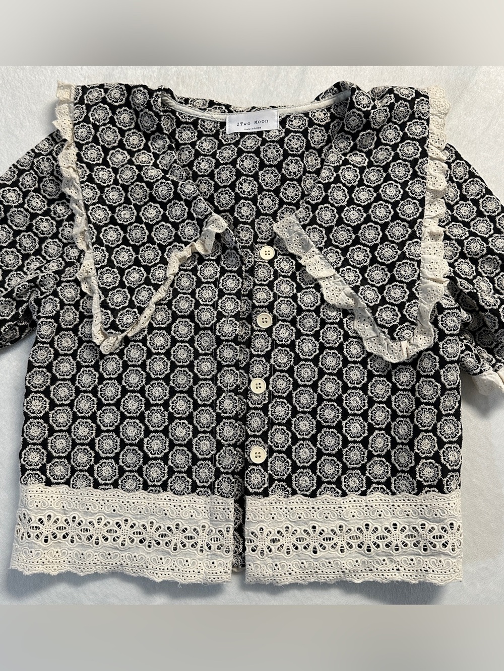 2TWO MOON women's ivory black delicate floral crochet lace collar blouse, M. - Picture 4 of 10